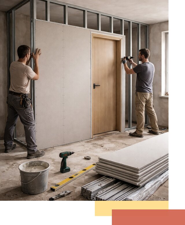 Перегородка из гипсокартона с дверью под ключ в Тейково