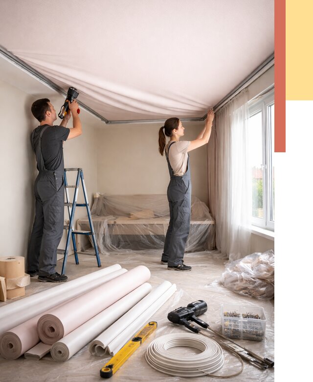 Монтаж цветного натяжного потолка в Тейково от 4567 руб/м² — быстро и недорого | ОТДЕЛОЧНИК-Ткв