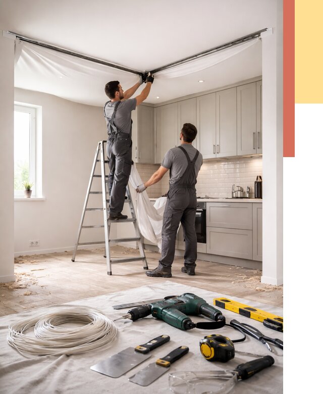 Установка натяжного потолка на кухне в Тейково от 2610 руб. | ОТДЕЛОЧНИК-Ткв